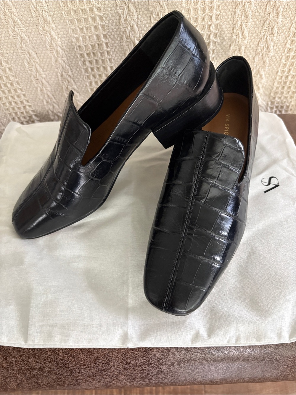 Via Spiga Black Croc-Embossed Leather Loafers